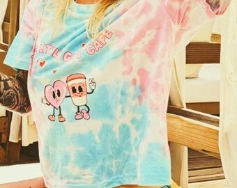 Little Gay Café Unique Tie-Dye Tee – Kawaii Queer Crop Shirt | Blue Pink Boxy Pride Top | LGBTQ+ Graphic T-shirt | Organic Cotton | Gift