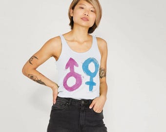 Pride Graphic Vest – Gender Symbol Flip Design – Blue Female / Pink Male Symbols – Queer Non-binary Inclusive Statement Top - Womens Tank