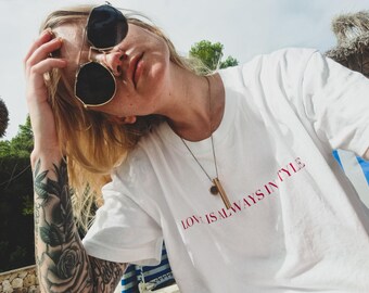 Love Is Always In Style Boxy Tee – Floral Bird Back Design EcoFriendly Graphic Tshirt - Inclusive Ally - Organic Cotton Inspirational Quote