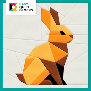 以下が含まれることがあります： 白い背景に、オレンジと茶色の幾何学的なウサギのキルトブロックパターン。パターンは三角形と正方形で構成されています。画像の左上隅には「EASY QUILT BLOCKS」というテキストがあります。