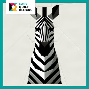 Może przedstawiać: Czarno-biały blok patchworkowy w kształcie zebry z geometrycznym wzorem. Głowa i pasy zebry są wykonane z różnych kawałków tkaniny.