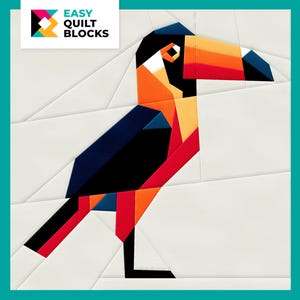 FPP Pattern - EASY Toucan QUILT Block | Colorful Paper Pieced Quilt Pattern for Summer Quilts, Sewing and Quilt Projects | 20x20&quot;