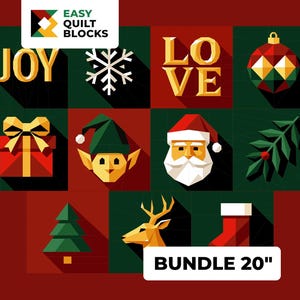 May include: A festive Christmas design with geometric illustrations of festive elements such as Santa, an elf, and a reindeer. The words "JOY" and "LOVE" are also displayed. The text "BUNDLE 20" is included. The colour palette includes red, green, and gold.