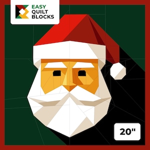 May include: A geometric Santa Claus face design with a red hat and white beard, set against a green and red background. The image includes the text "EASY QUILT BLOCKS" and the size "20".