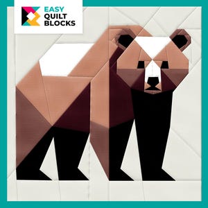 Pode incluir: Um bloco de colcha geométrico com o padrão de um urso marrom com uma mancha branca no peito. O urso está em pé sobre um fundo branco com um padrão de grade cinza claro. O bloco de colcha faz parte de uma série chamada "Easy Quilt Blocks".
