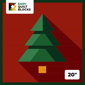 May include: A Christmas tree quilt block design. The image features a green tree on a red background, with a 20-inch measurement. The Easy Quilt Blocks logo is in the upper left corner. The tree has a shadow.