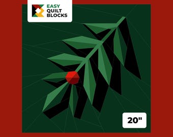 Może przedstawiać: Geometryczna ilustracja zielonego liścia z czerwoną jagodą na ciemnozielonym tle. Obraz zawiera tekst "EASY QUILT BLOCKS" oraz wymiar "20" w kolorze białym. Projekt znajduje się na czerwonym tle.