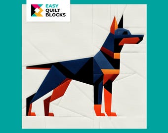 May include: A geometric quilt block design of a black and orange dog with a white background. The design is made up of triangles and squares.