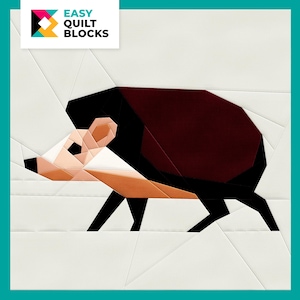May include: A geometric patchwork quilt block design featuring a stylized brown and black hedgehog with a white and orange face. The design is on a white background.