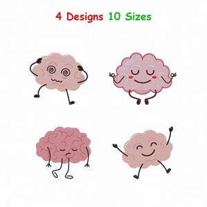 Op de afbeelding: Vier geborduurde hersenontwerpen met de tekst 4 Designs 10 Sizes. De roze hersenen hebben zwarte stokachtige ledematen en verschillende gezichtsuitdrukkingen, waaronder duizelige ogen, een meditatieve houding, een vermoeide blik en een vrolijke glimlach.