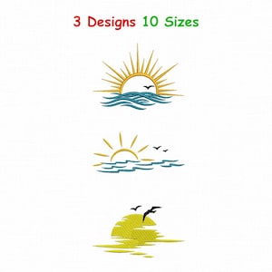 Op de afbeelding: Drie machineborduurontwerpen met zon- en oceaanthema's. Het bovenste ontwerp toont een gele zon met stralen boven blauwe golven en een vogel. Het middelste ontwerp toont een gele zon boven blauwe golven met twee vogels. Het onderste ontwerp is een gele zon boven gele golven met twee vogels. De tekst luidt 3 Designs 10 Sizes.