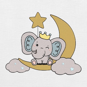 Baby Elephant Moon Embroidery Design: Machine Embroidery File (5 Sizes)