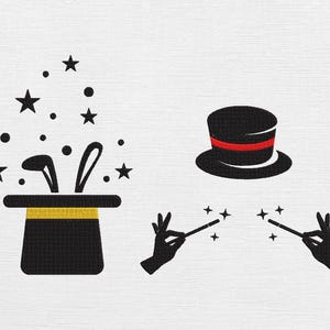 Może przedstawiać: Zestaw ilustracji o tematyce magicznej. Zawiera czarny cylinder z czerwoną opaską, kapelusz magika z uszami królika i gwiazdami oraz dłonie trzymające różdżki z błyszczącymi efektami. Wszystkie elementy są w kolorze czarnym.