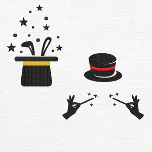 Puede incluir: Ilustración de un sombrero de copa negro con orejas de conejo y estrellas, un sombrero de copa negro con una banda roja y dos manos sosteniendo varitas con estrellas. El tema es mágico.