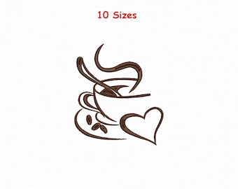 Coffee Cup Embroidery Design - Cup With Heart Embroidery Pattern - Coffee Cup Silhouette Machine Embroidery - 10 Sizes - Digital Download