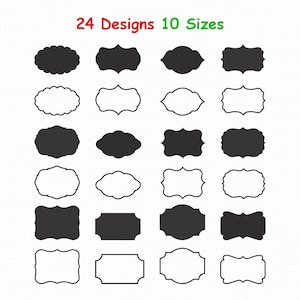May include: A collection of 24 label shapes arranged in a grid, featuring both solid black silhouettes and black-outlined white frames. The text 24 Designs 10 Sizes is displayed at the top in red and green font against a white background.