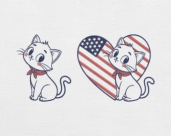 Lindo diseño de gatito bordado con la bandera estadounidense: patrón de gato (5 tamaños) (descarga digital)