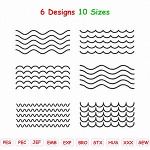 Op de afbeelding: Een digitale borduurset met 6 ontwerpen en 10 maten, weergegeven als zwarte golfpatronen op een witte achtergrond. De tekst 6 Designs 10 Sizes staat bovenaan, met de bestandsformaten DST, PES, PEC, JEF, EMB, EXP, BRO, STX, HUS, XXX, SEW en VP3 onderaan.
