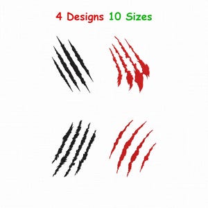 May include: Four claw mark graphic designs arranged in a grid. Two designs are black and two are red. The text 4 Designs 10 Sizes is printed at the top in red and green. The claw marks feature jagged, sharp lines resembling animal scratches.