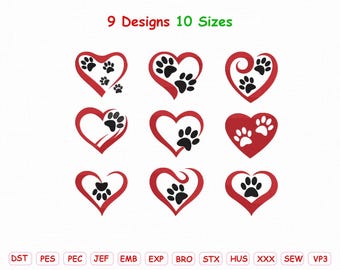 May include: A digital collection of 9 heart-shaped designs featuring black paw prints, with the text 9 Designs 10 Sizes at the top and a row of file format abbreviations including DST, PES, PEC, JEF, EMB, EXP, BRO, STX, HUS, XXX, SEW, and VP3.