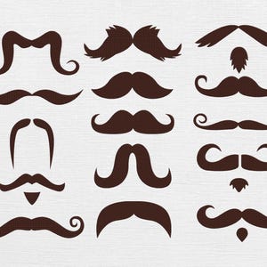 Peut inclure: Une collection de 12 designs de moustaches différents en noir, tous sur un fond blanc. Les moustaches sont de styles variés, notamment en forme de guidon, de crayon et de chevron.