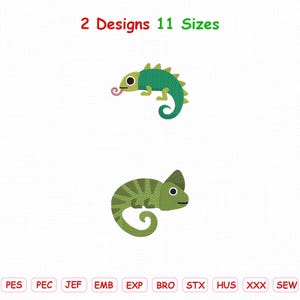 May include: Two machine embroidery designs of chameleons in green shades, featuring the text 2 Designs 11 Sizes at the top and a row of file format abbreviations including DST, PES, PEC, JEF, EMB, EXP, BRO, STX, HUS, XXX, SEW, and VP3 at the bottom.