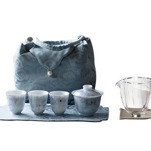 Colección de té Flower Blooming / Una tetera, tres tazas + Vaso de vidrio para hombre / Bolsa de tela portátil para viaje / Juego de té Kung Fu