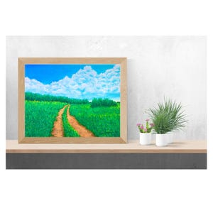 Dipinto di paesaggio estivo di campagna "strada, cumulonembi, cielo azzurro, natura" arte digitale