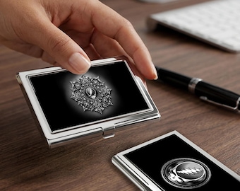 Black and Silver Steal Your Face or Rose Mandala Stealie Business Card Holder
