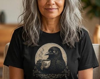 Gothic Sarcastic Raven Drinking Tea T-shirt | Vintage Crow Shirt