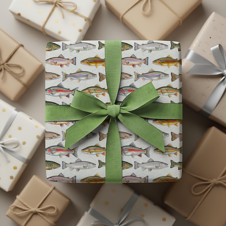 Trout Fish Pattern Wrapping Paper, Fishing Gift Wrap image 1