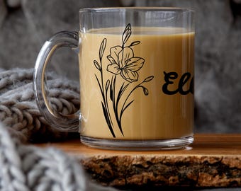 Personalized Birth Flower Glass Mug: Elegant Floral Coffee Cup