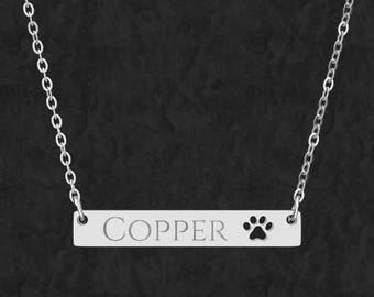 Engraved Paw Cut Out Bar Necklace, Personalized Pet Lover Jewelry