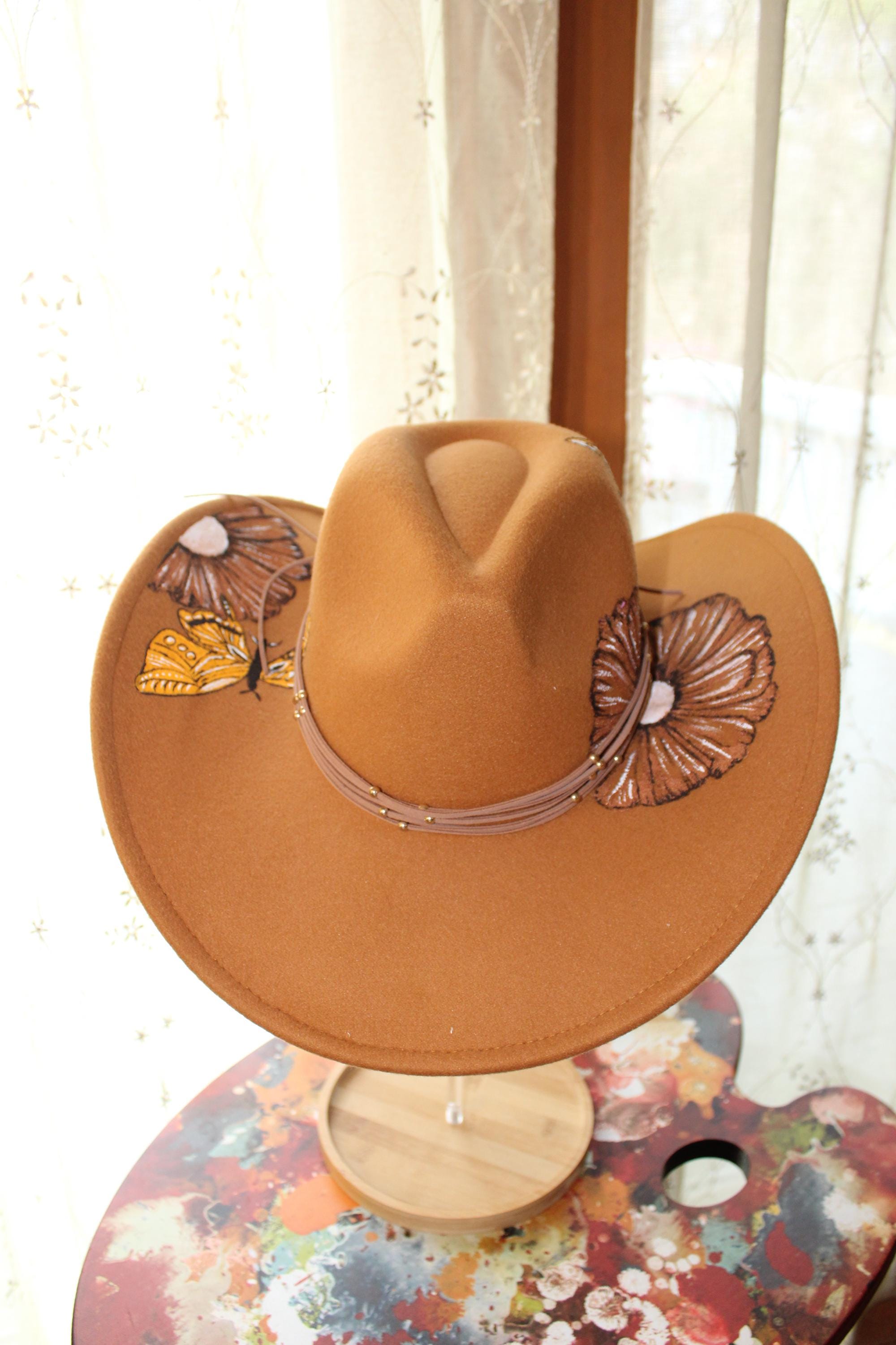 Hand-Painted Tan Cowboy Hat with Orange Butterfly Accents Straw Cowboy Hat for Women and Men with Shape-It Brim  main image 4