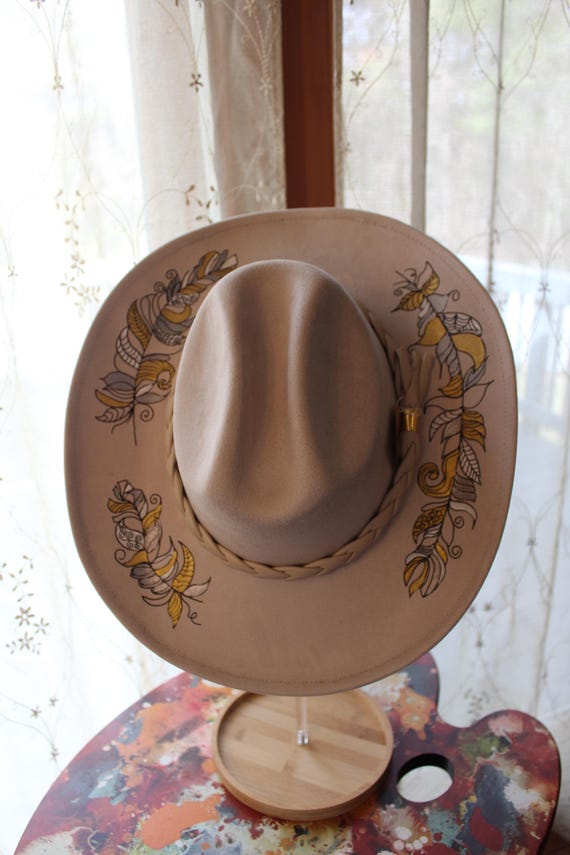 Hand Painted Feathers, Velvet Suede Light Beige Cowboy Style  display picture 2