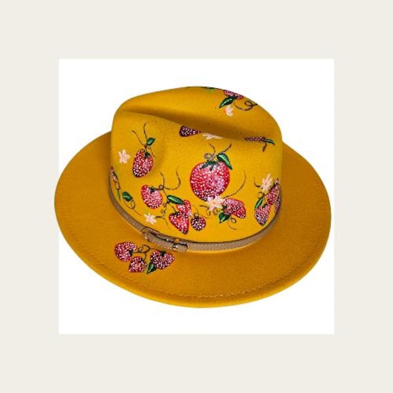 Sweet Strawberry, Hand Painted Mustard Yellow Felt Fedora  display picture 1