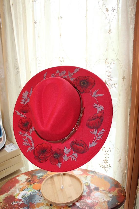 Red Embroidered Floral Felt Fedora with Brown Band Fedora Brown Felt Hat, One a Kind Designer, Hand Tooled Hat  main image 2