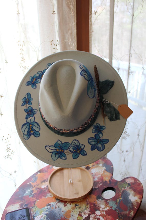 Hand Painted Blue Fedora Hat Hand Painted Peacock, Blue Felt Fedora With Brown/gold Band  main image 3