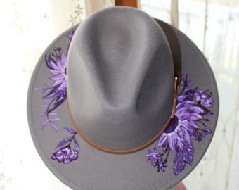 Hand painted purple flowers, gray felt fedora with brown/gold band, hat for women.
