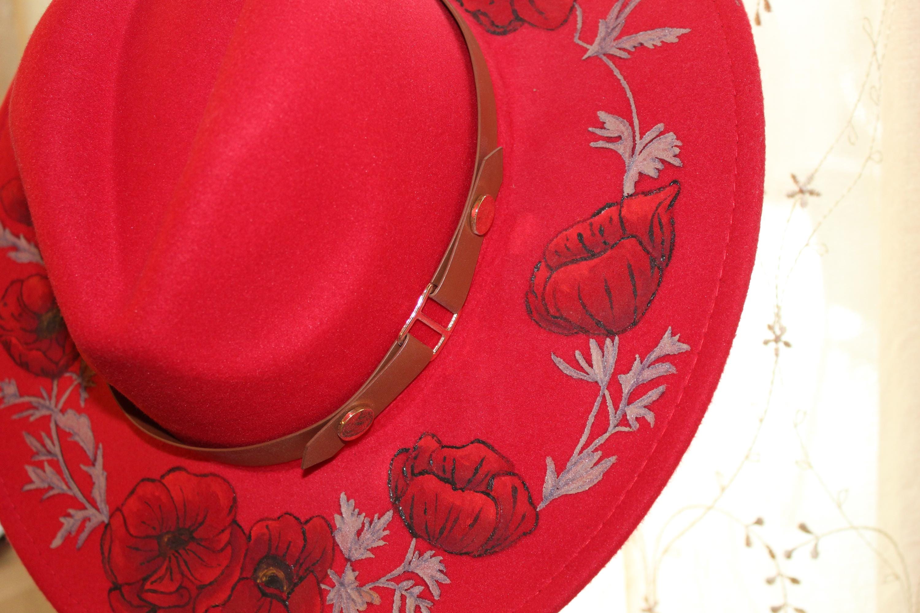 Hand Painted Flowers, Red Felt Fedora With Brown/gold Band  display picture 3