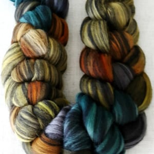 Hand Dyed Merino/Black Silk Combed Top 4 oz. "Age of Bronze Noir"