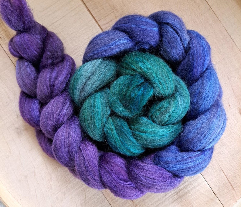 Hand Dyed Blue Face Leicester/Silk Blend Combed Top 4 Oz. Fibery Jewels Gradient/Fade image 3