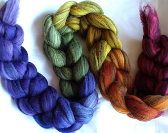 Hand Dyed Merino/Blk. Silk Combed Top 4 oz. "Rainbow Noir Gradient"