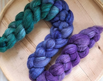 Hand Dyed Blue Face Leicester/Silk Blend Combed Top 4 Oz. "Fibery Jewels  Gradient"/Fade