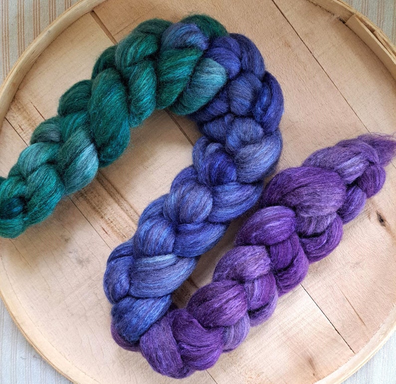 Hand Dyed Blue Face Leicester/Silk Blend Combed Top 4 Oz. Fibery Jewels Gradient/Fade image 1