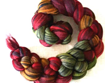 Hand Dyed Merino/Blk Silk Combed Top "Heirloom Tomatoes Noir 4 Oz.