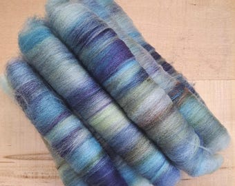 Hand Dyed Wool Spinning Rolags 2.2 Oz/57 Grams "Mostly Shades of Blue with some Green"