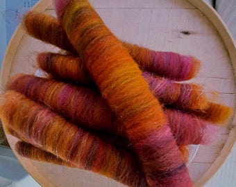 Hand Dyed Corriedale Wool Spinning Rolags 2.8 Oz/78 Grams "Bollywood"