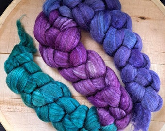 Hand Dyed Blue Face Leicester/Silk Blend Combed Top 4 Oz. "Fibery Jewels  Gradient"/Fade