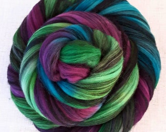 Hand Dyed Merino/Black Silk Combed Top 4 oz. "Aurora Borealis Noir"